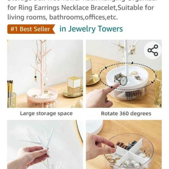 Jewelry stand, White - tree branch, rotational base - Picture 2 of 3